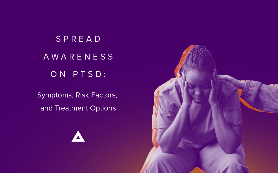 Thumbnail for a PTSD awareness blog featuring a person seated with their head in their hands, alongside the text “Spread Awareness on PTSD: Symptoms, Risk Factors, and Treatment Options.