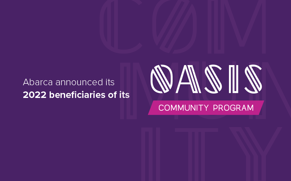 Abarca graphic announcing its 2022 Oasis Community Program beneficiaries on a purple background.