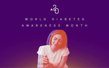 World Diabetes Awareness Month graphic with woman checking blood sugar on purple background.
