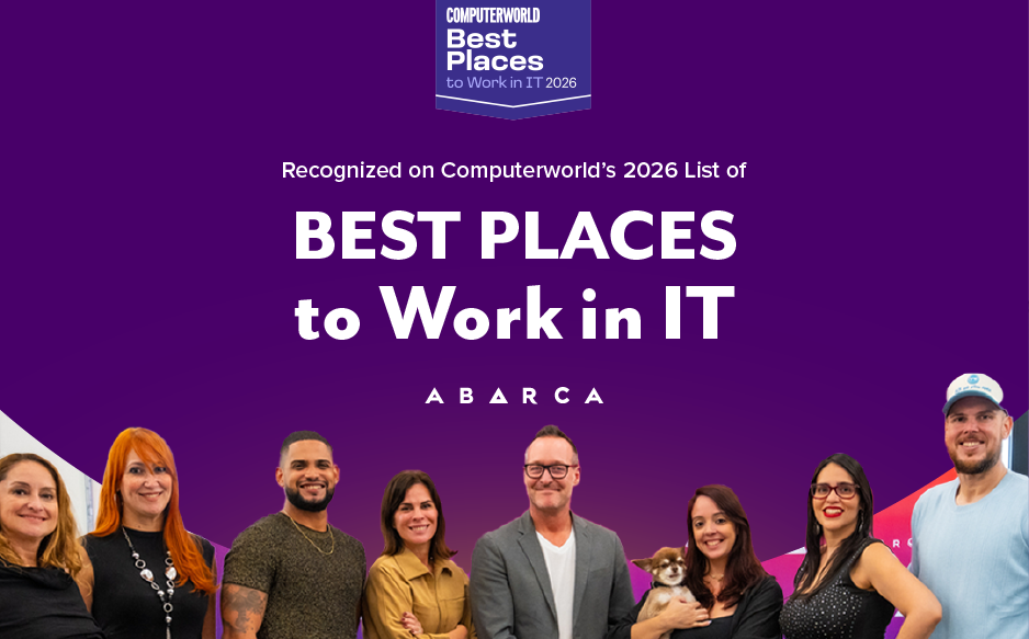 Abarca banner announcing recognition on Computerworld’s 2026 “Best Places to Work in IT” list, with the Computerworld badge at the top and a row of diverse Abarca team members smiling at the bottom.