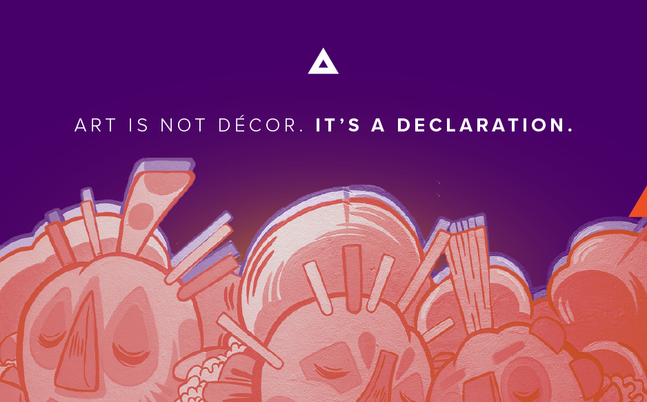 Abstract illustration of layered faces in coral and red tones on a purple background, with the message ‘Art is not décor. It’s a declaration.’ displayed above.